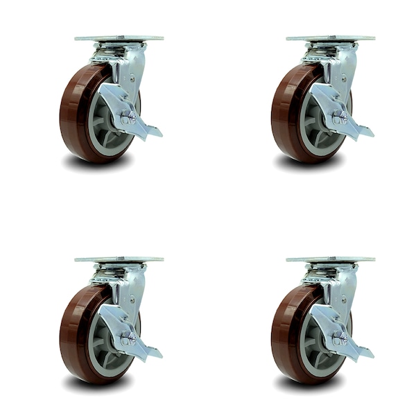 6 Inch Polyurethane Caster Set with Roller Bearings and Brake/Swivel Lock SCC